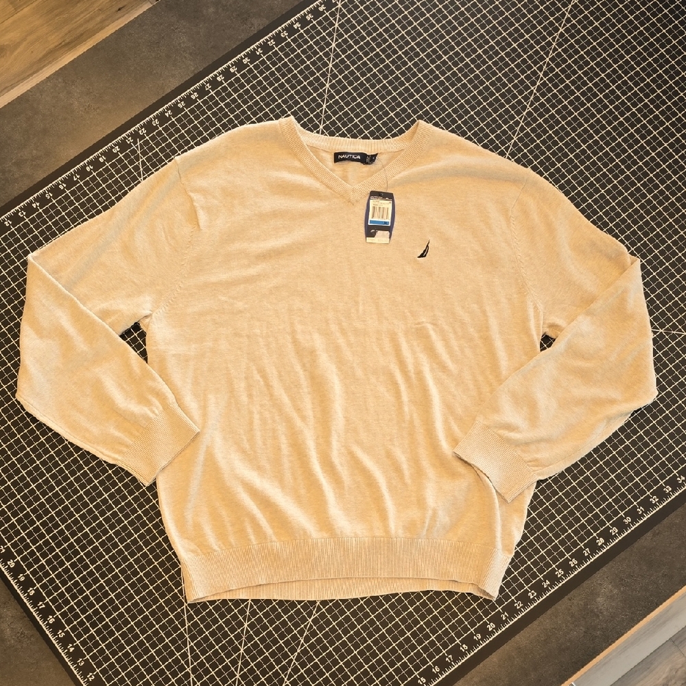 Nautica Men's V-Neck Sweater in Cream 100% Cotton NWT
